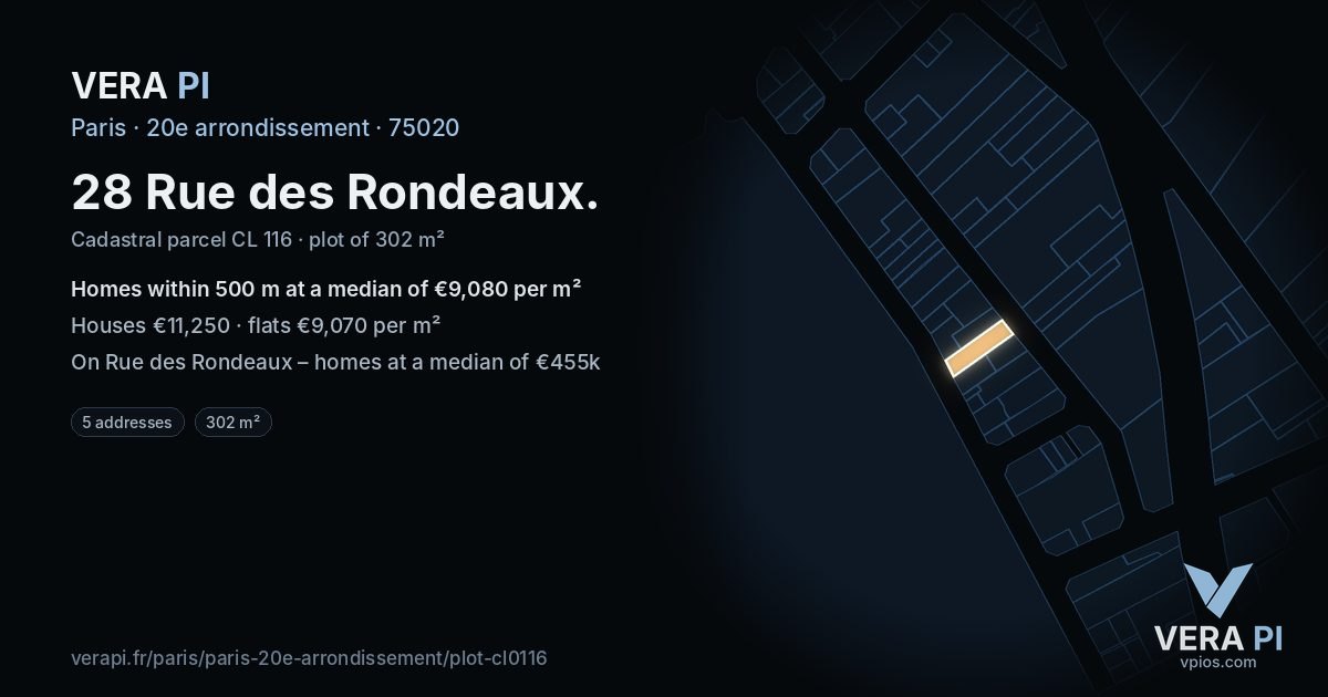 28 Rue des Rondeaux, 20e arrondissement at night – the plot lit, the parcels around coloured by the prices near them