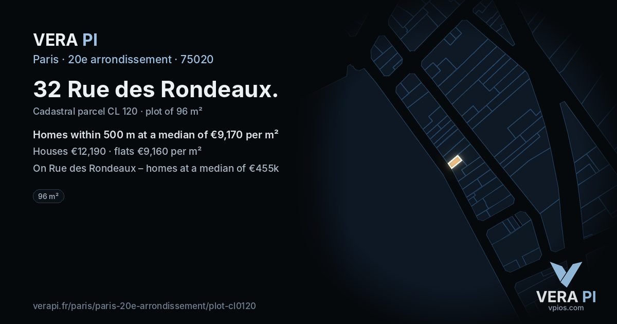 32 Rue des Rondeaux, 20e arrondissement at night – the plot lit, the parcels around coloured by the prices near them