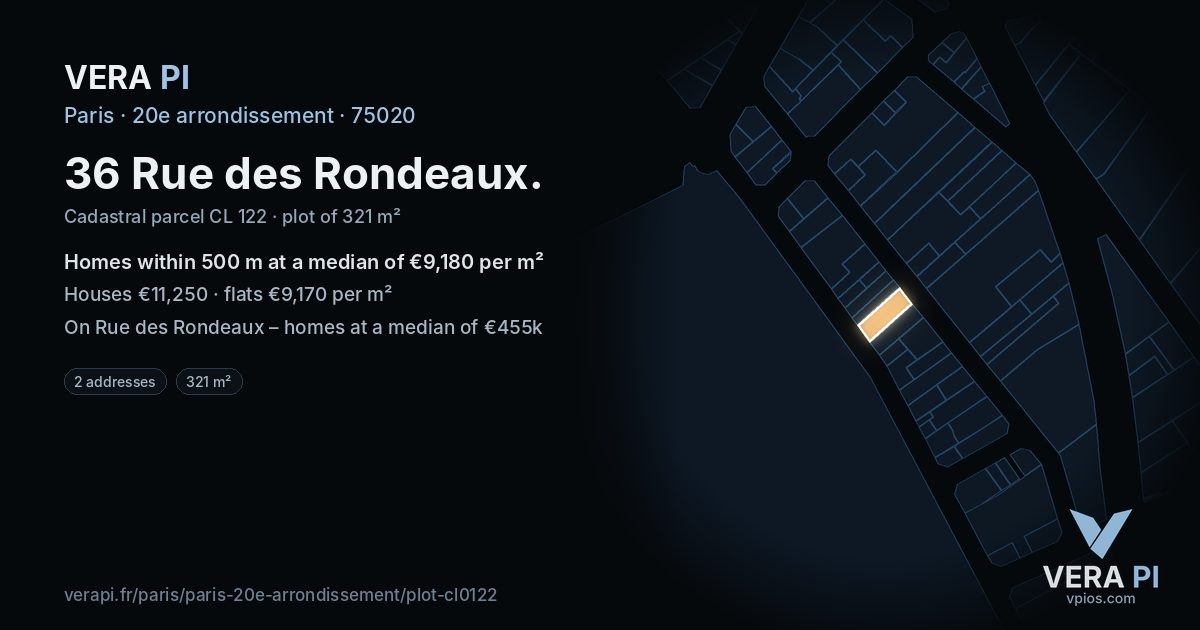 36 Rue des Rondeaux, 20e arrondissement at night – the plot lit, the parcels around coloured by the prices near them