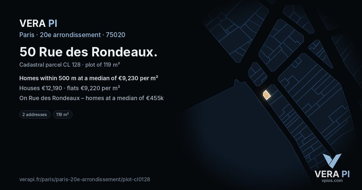 50 Rue des Rondeaux, 20e arrondissement at night – the plot lit, the parcels around coloured by the prices near them