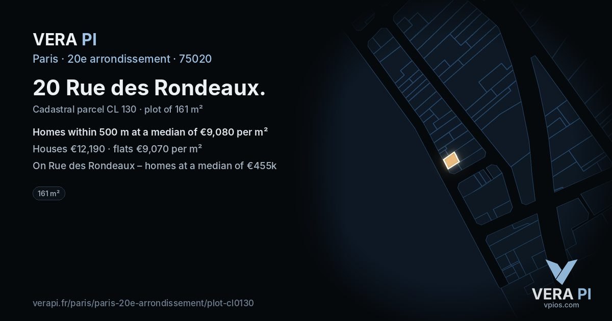 20 Rue des Rondeaux, 20e arrondissement at night – the plot lit, the parcels around coloured by the prices near them