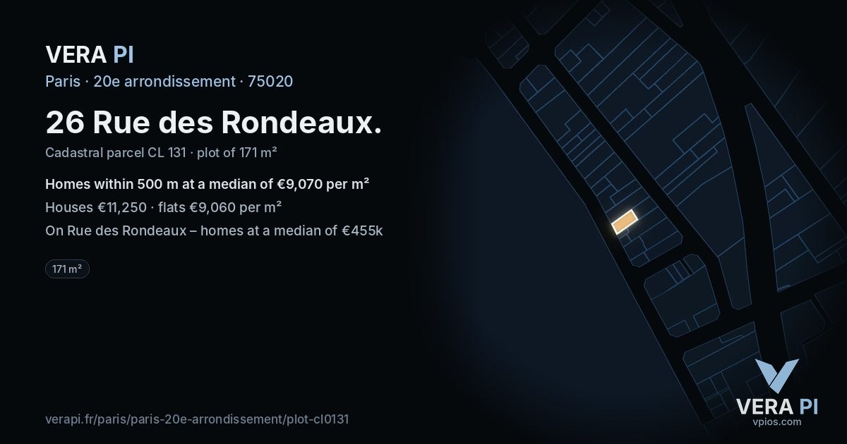 26 Rue des Rondeaux, 20e arrondissement at night – the plot lit, the parcels around coloured by the prices near them