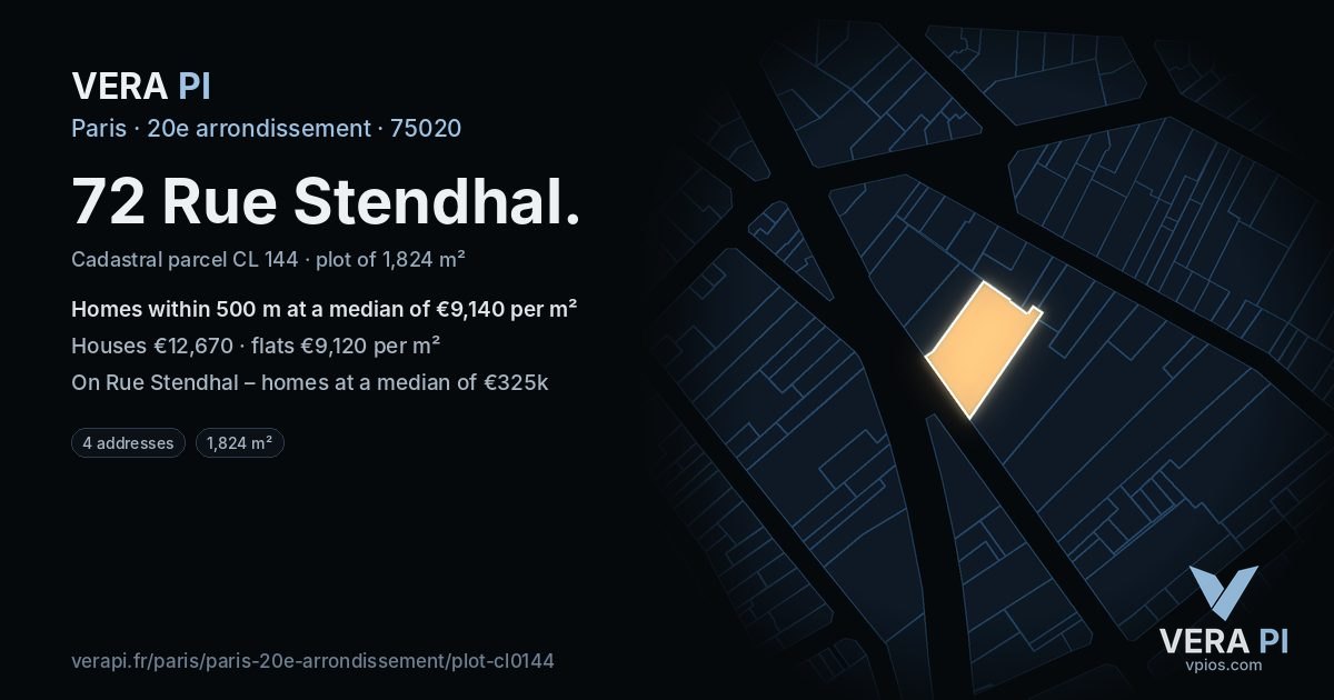 72 Rue Stendhal, 20e arrondissement at night – the plot lit, the parcels around coloured by the prices near them