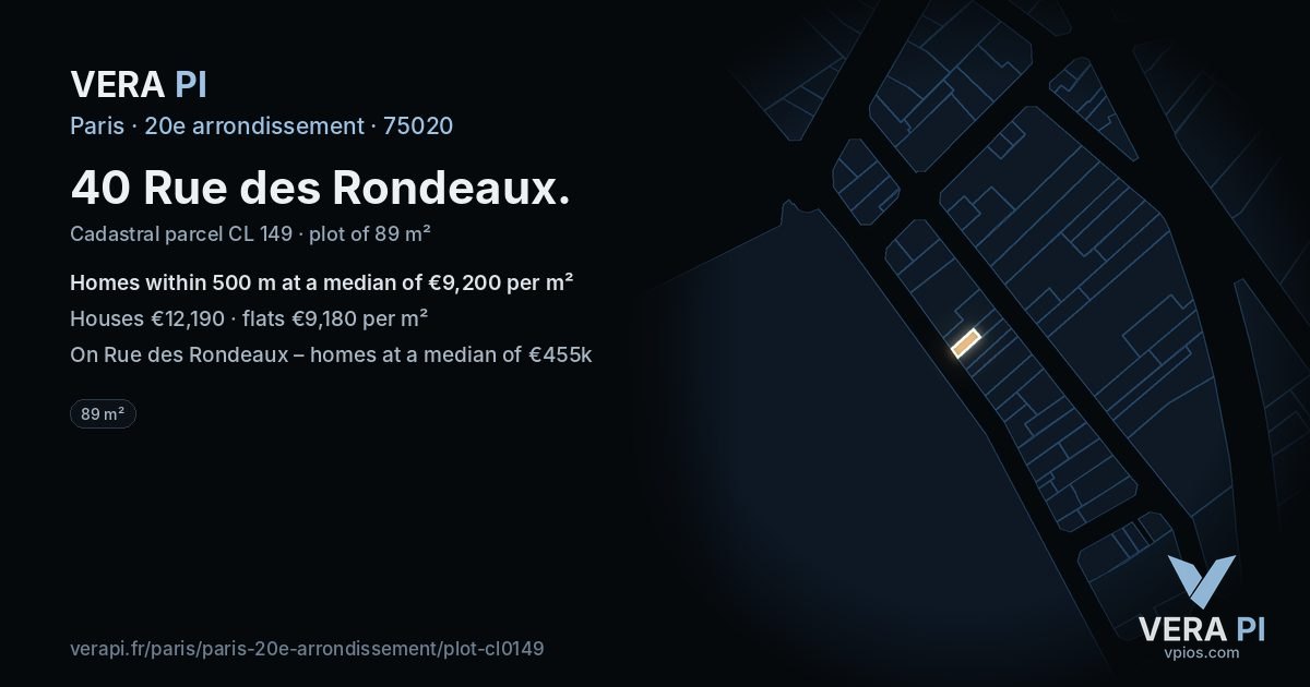 40 Rue des Rondeaux, 20e arrondissement at night – the plot lit, the parcels around coloured by the prices near them