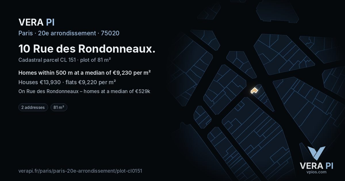 10 Rue des Rondonneaux, 20e arrondissement at night – the plot lit, the parcels around coloured by the prices near them