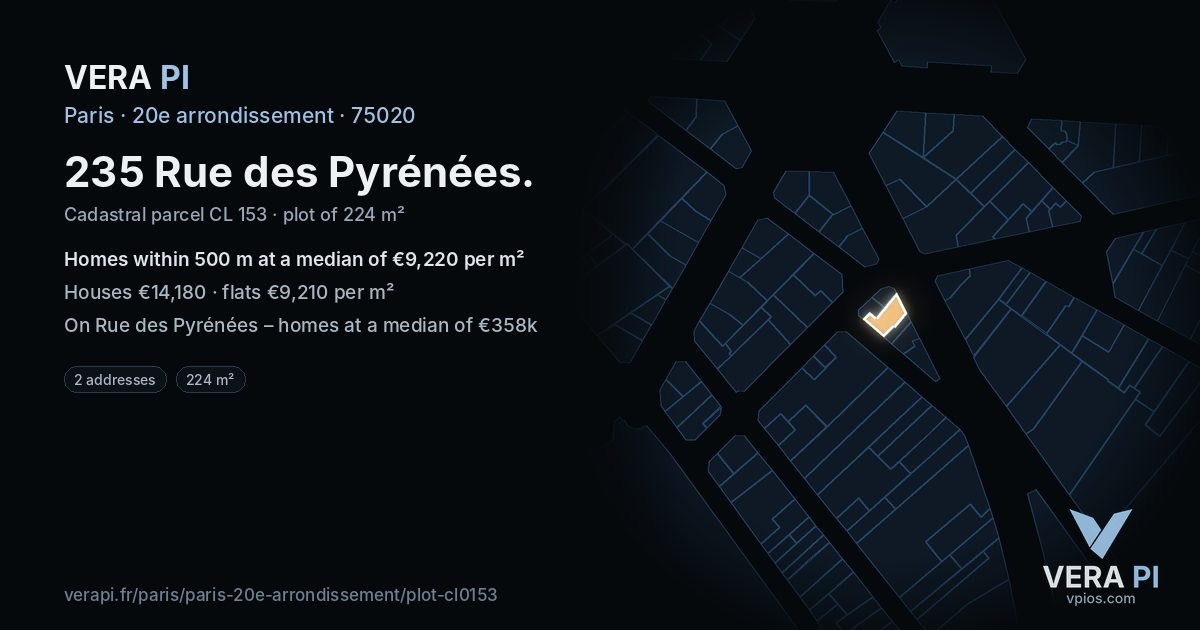 235 Rue des Pyrénées, 20e arrondissement at night – the plot lit, the parcels around coloured by the prices near them