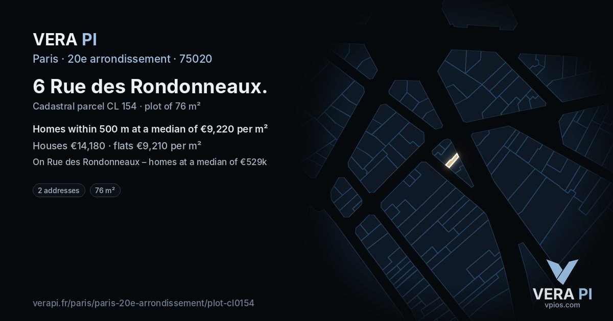 6 Rue des Rondonneaux, 20e arrondissement at night – the plot lit, the parcels around coloured by the prices near them