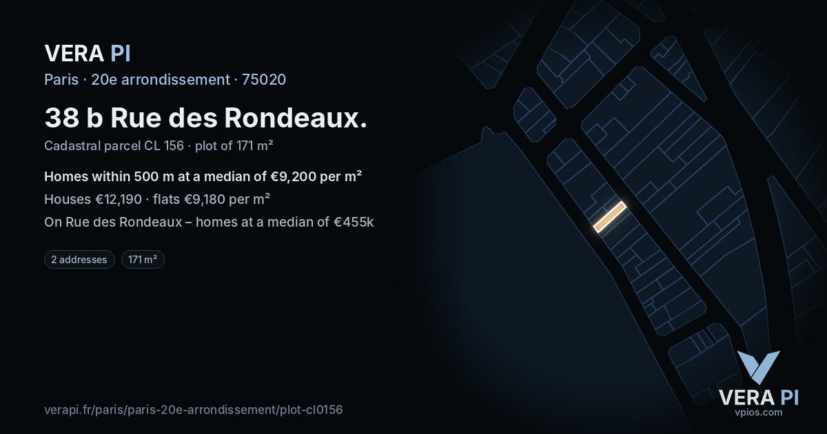 38 b Rue des Rondeaux, 20e arrondissement at night – the plot lit, the parcels around coloured by the prices near them