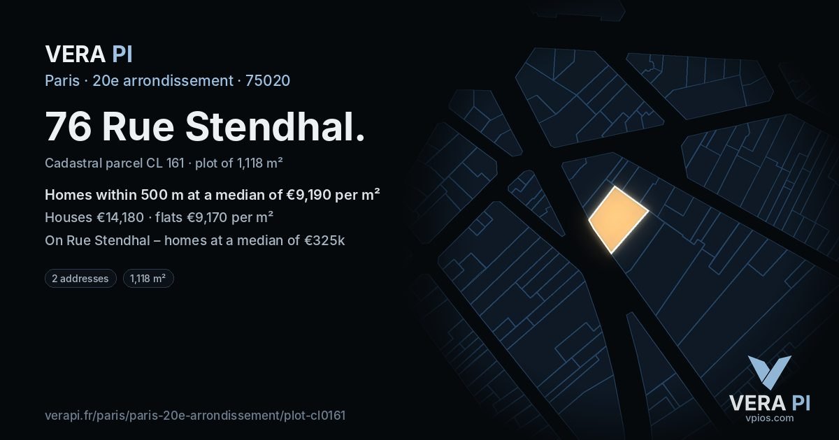 76 Rue Stendhal, 20e arrondissement at night – the plot lit, the parcels around coloured by the prices near them