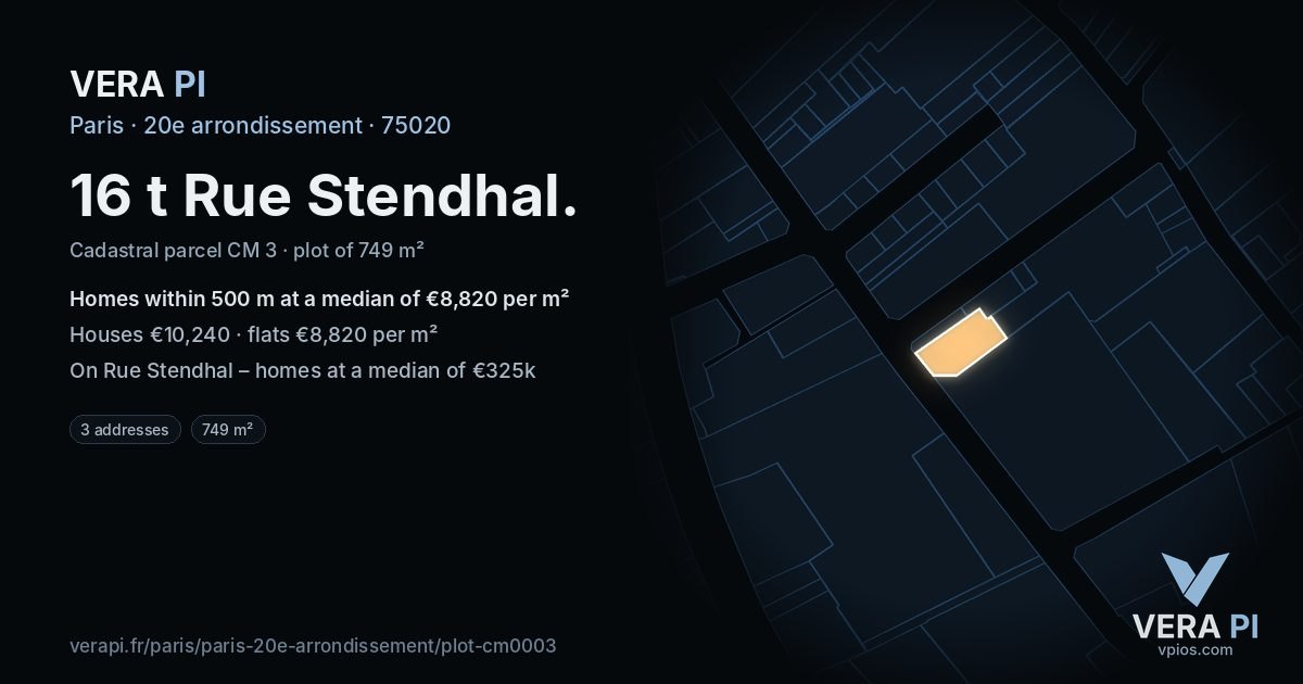 16 t Rue Stendhal, 20e arrondissement at night – the plot lit, the parcels around coloured by the prices near them