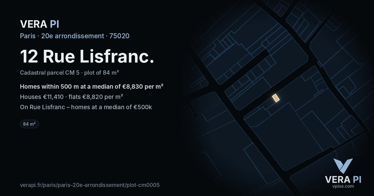 12 Rue Lisfranc, 20e arrondissement at night – the plot lit, the parcels around coloured by the prices near them