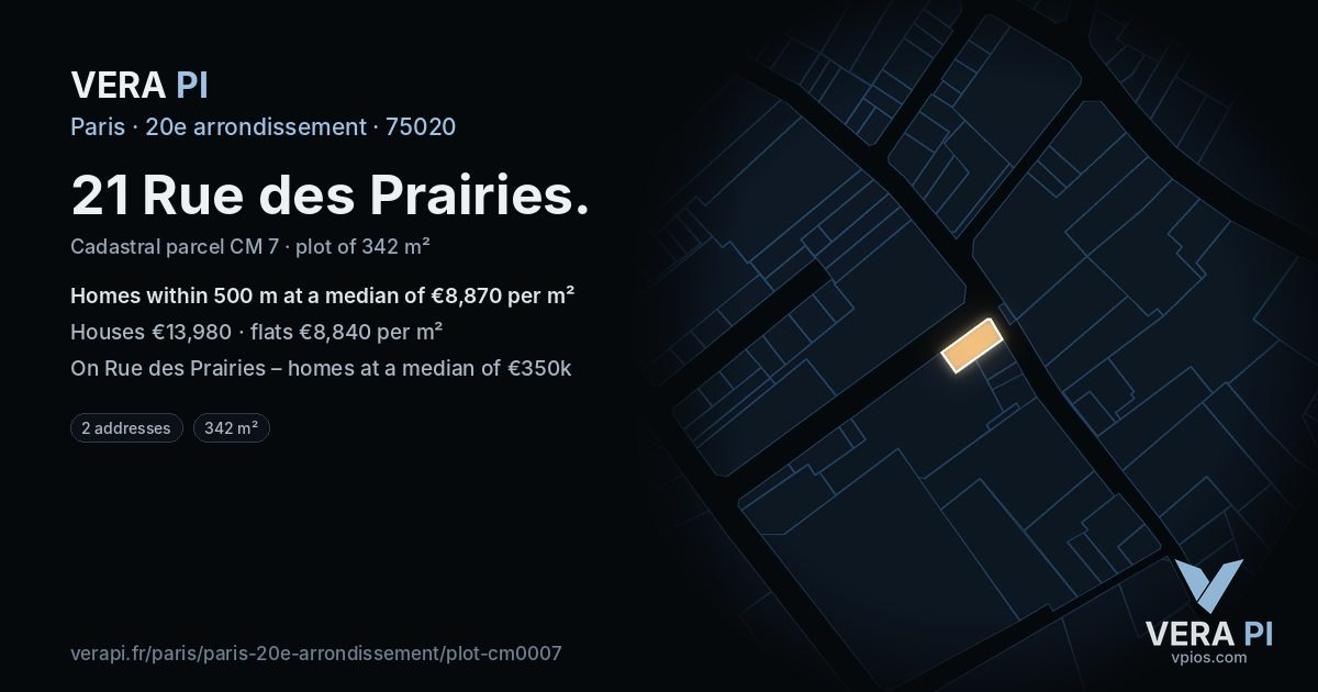 21 Rue des Prairies, 20e arrondissement at night – the plot lit, the parcels around coloured by the prices near them