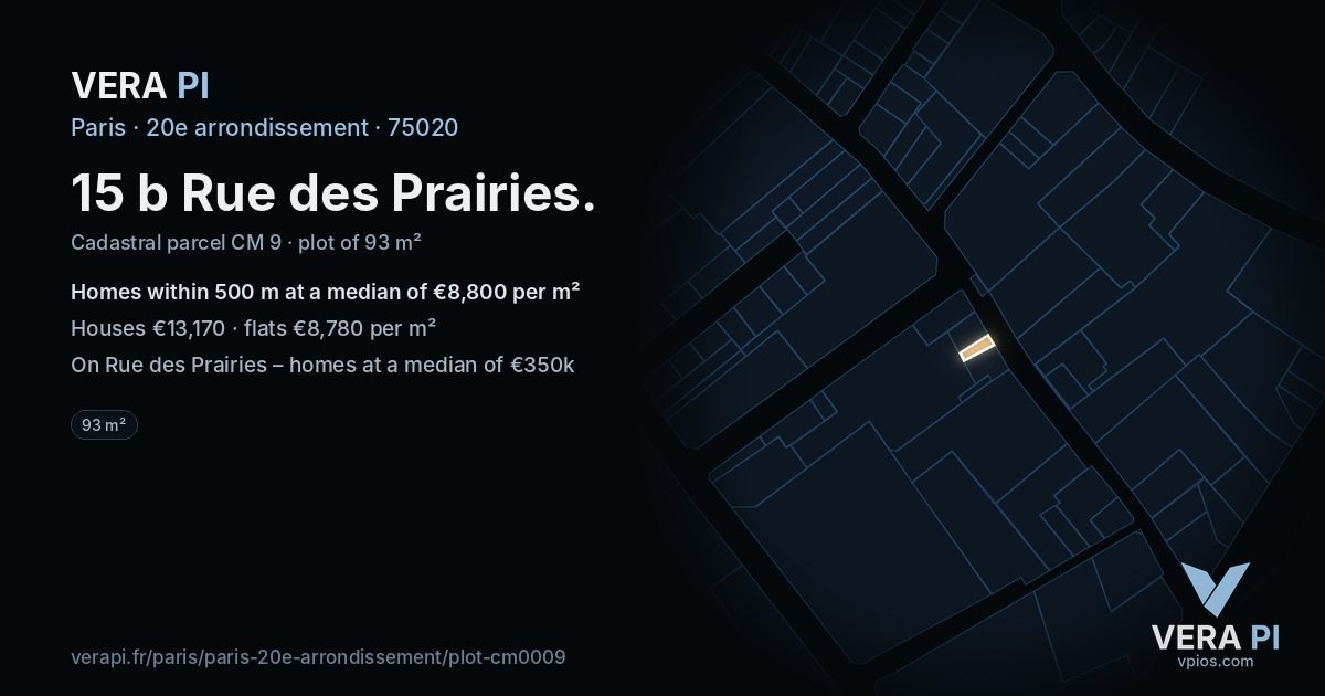 15 b Rue des Prairies, 20e arrondissement at night – the plot lit, the parcels around coloured by the prices near them
