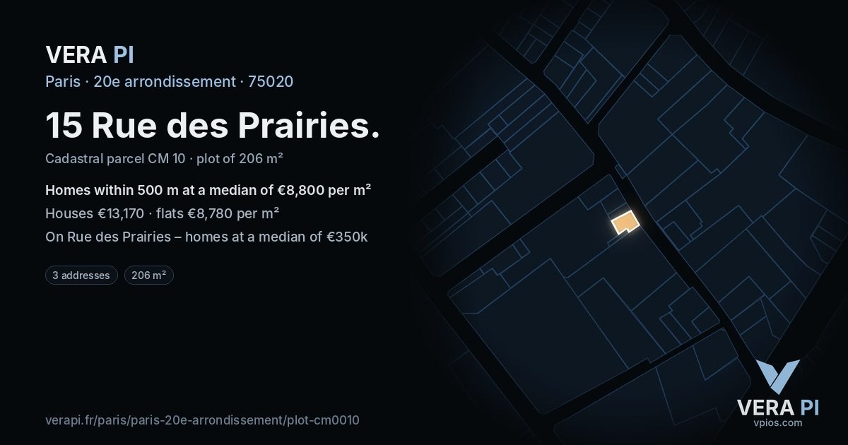 15 Rue des Prairies, 20e arrondissement at night – the plot lit, the parcels around coloured by the prices near them