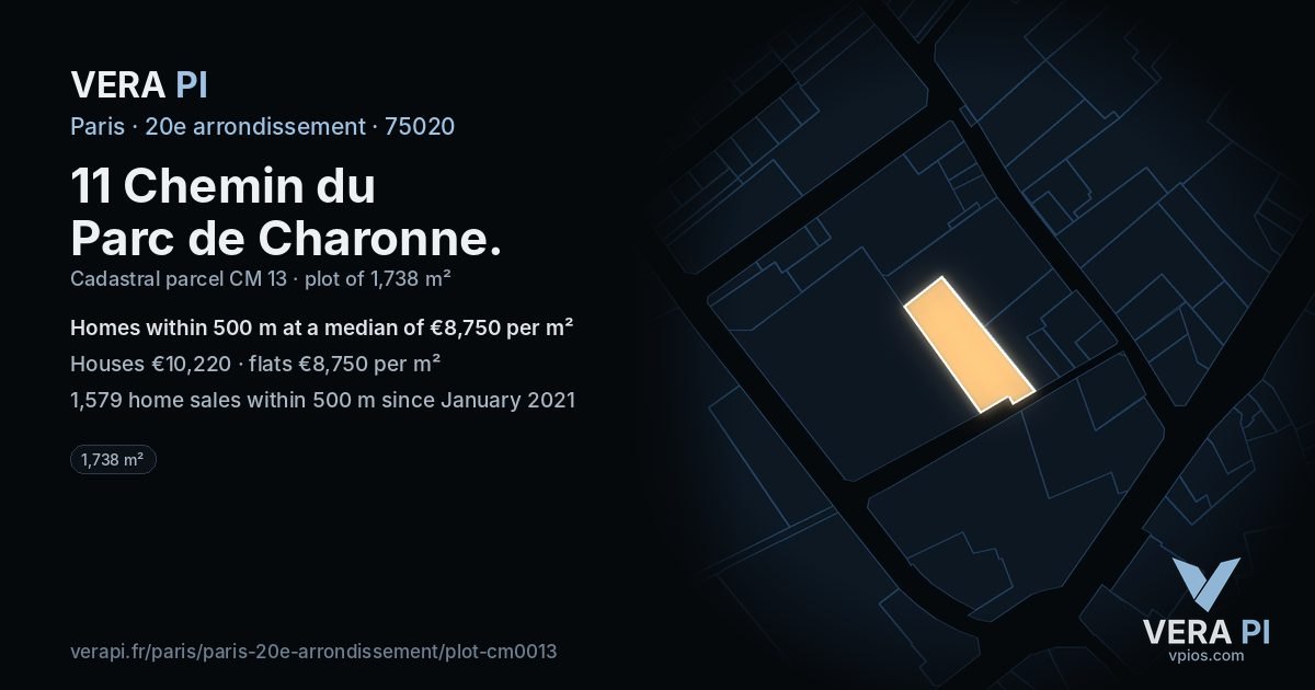 11 Chemin du Parc de Charonne, 20e arrondissement at night – the plot lit, the parcels around coloured by the prices near them