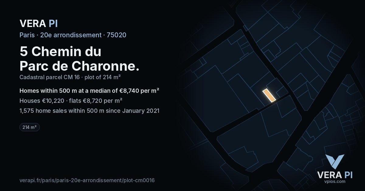 5 Chemin du Parc de Charonne, 20e arrondissement at night – the plot lit, the parcels around coloured by the prices near them