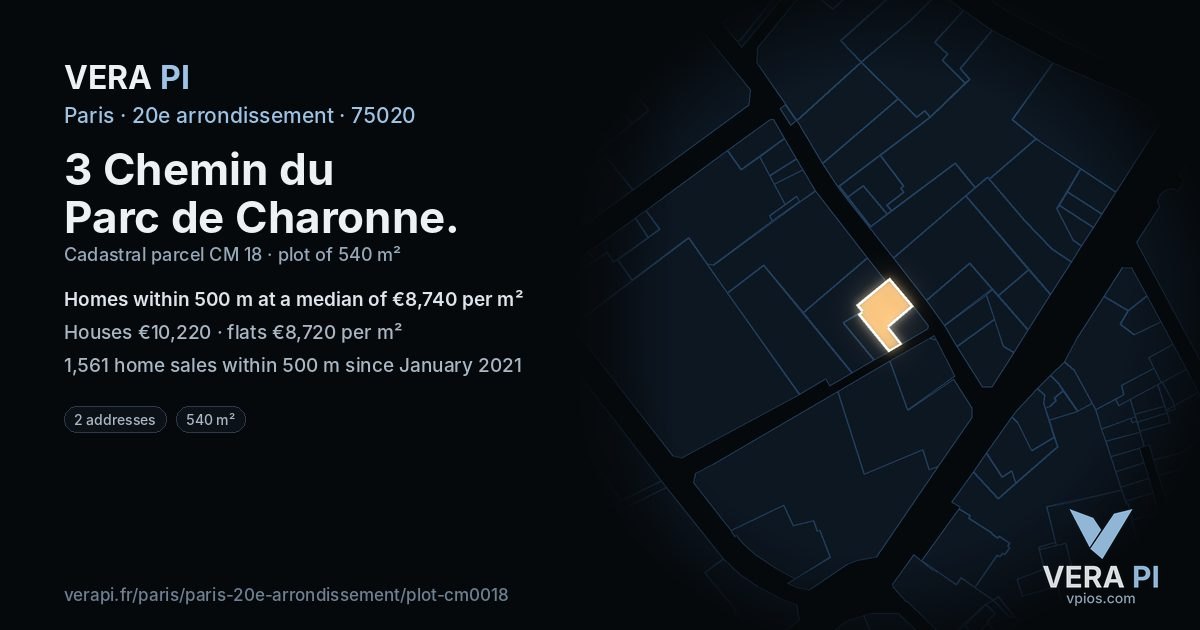 3 Chemin du Parc de Charonne, 20e arrondissement at night – the plot lit, the parcels around coloured by the prices near them