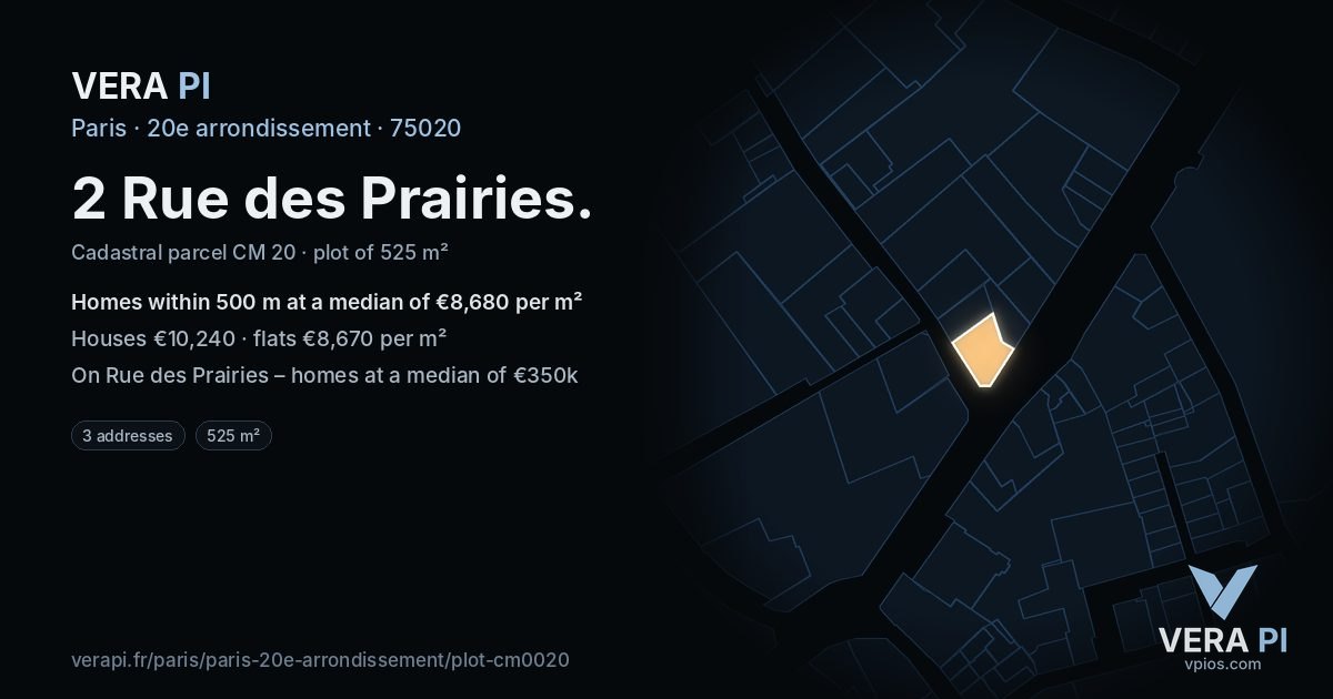 2 Rue des Prairies, 20e arrondissement at night – the plot lit, the parcels around coloured by the prices near them