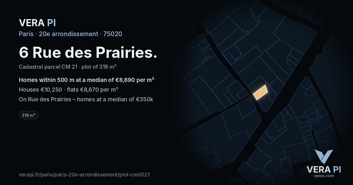 6 Rue des Prairies, 20e arrondissement at night – the plot lit, the parcels around coloured by the prices near them