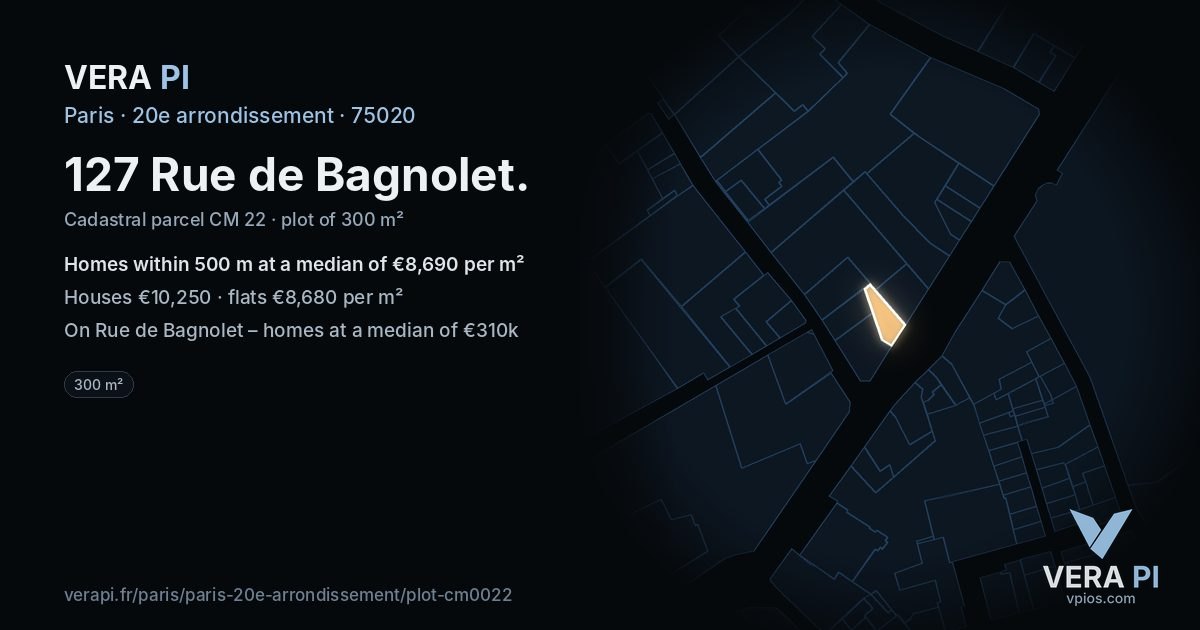 127 Rue de Bagnolet, 20e arrondissement at night – the plot lit, the parcels around coloured by the prices near them
