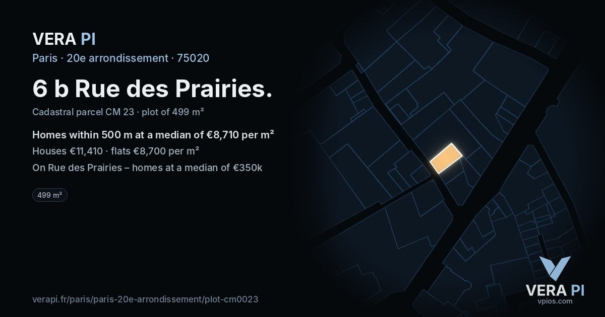 6 b Rue des Prairies, 20e arrondissement at night – the plot lit, the parcels around coloured by the prices near them