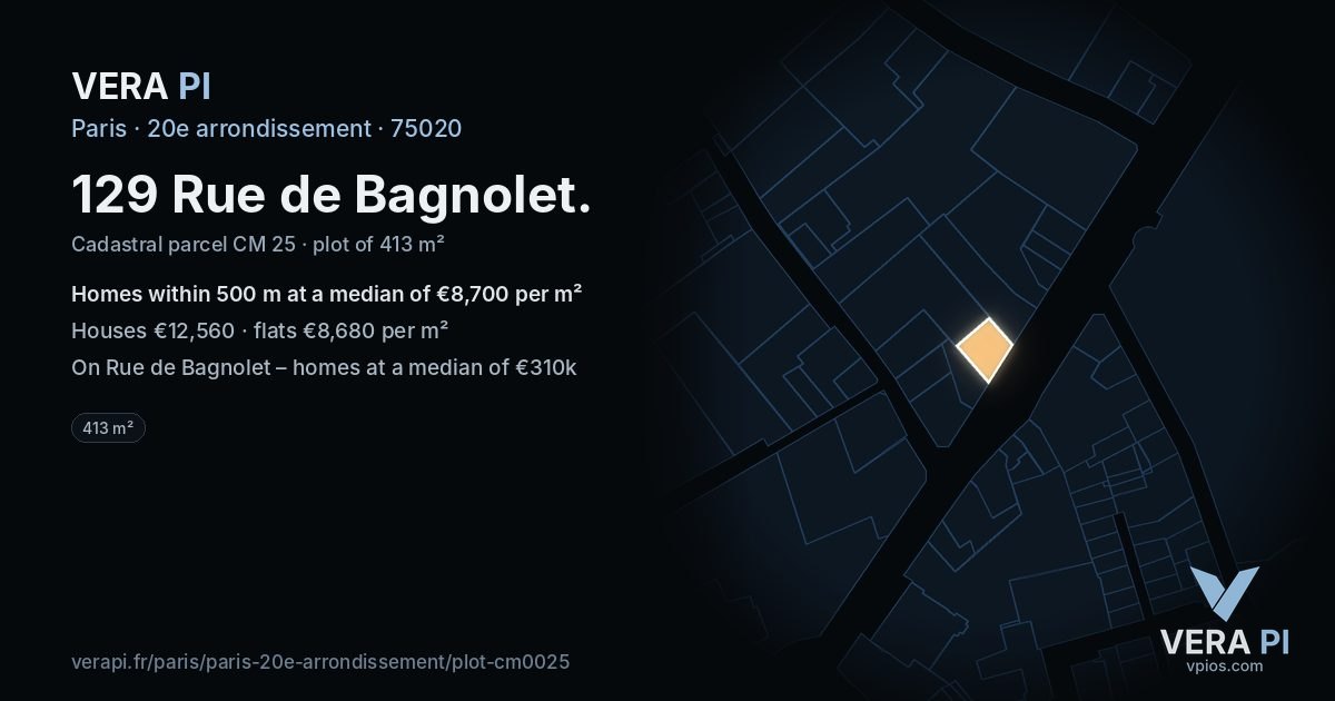 129 Rue de Bagnolet, 20e arrondissement at night – the plot lit, the parcels around coloured by the prices near them