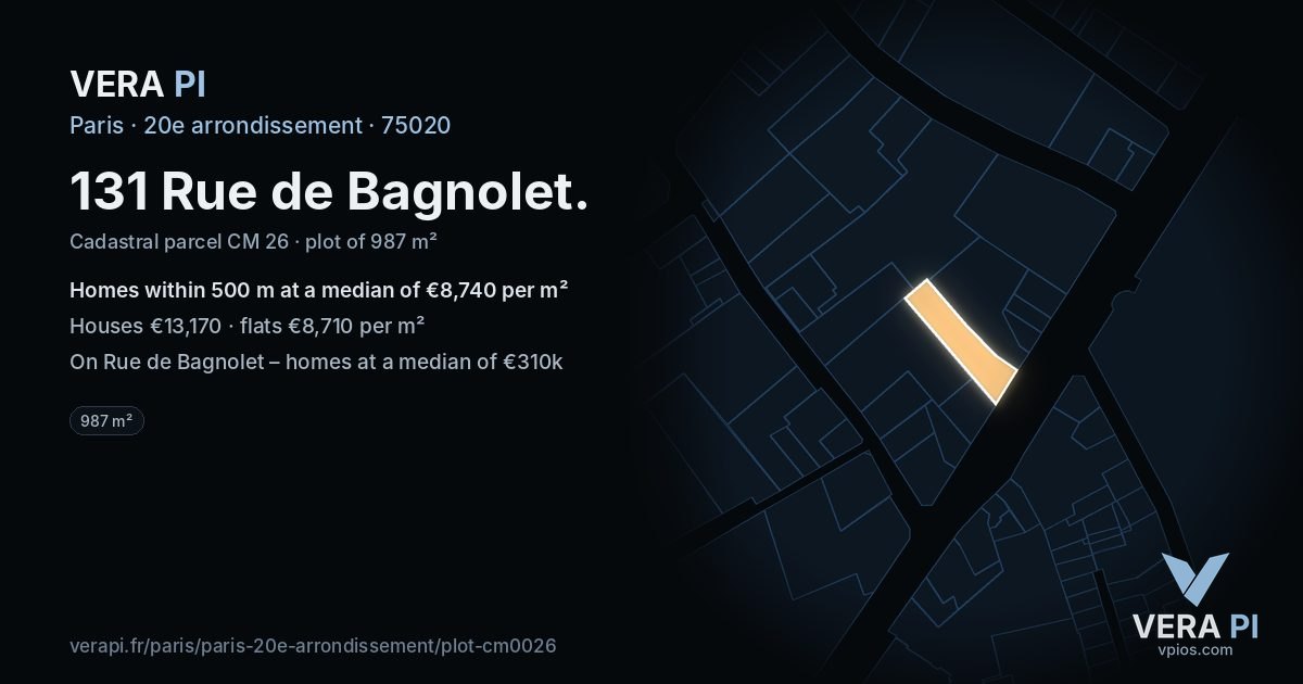 131 Rue de Bagnolet, 20e arrondissement at night – the plot lit, the parcels around coloured by the prices near them