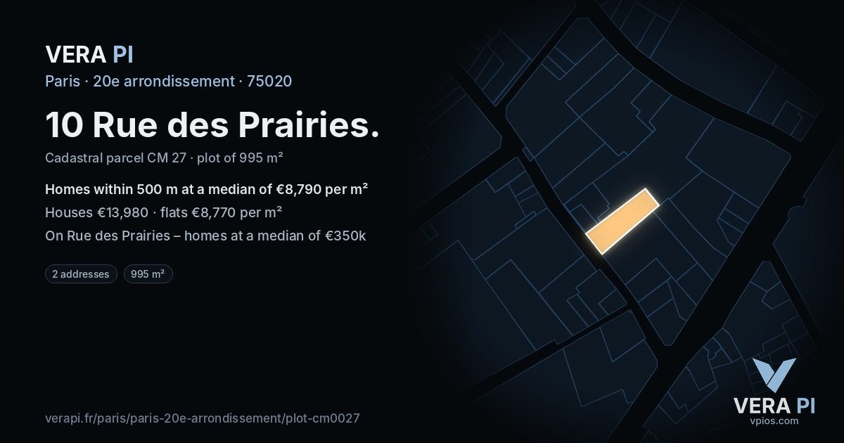 10 Rue des Prairies, 20e arrondissement at night – the plot lit, the parcels around coloured by the prices near them