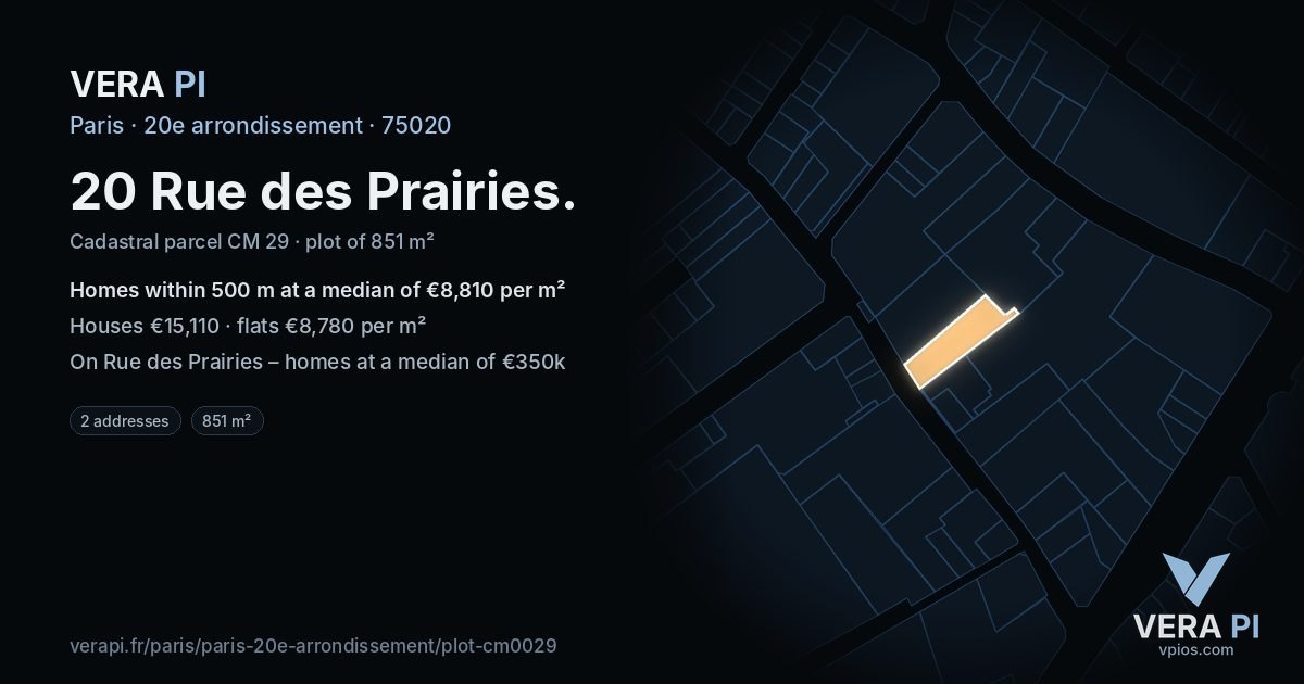 20 Rue des Prairies, 20e arrondissement at night – the plot lit, the parcels around coloured by the prices near them
