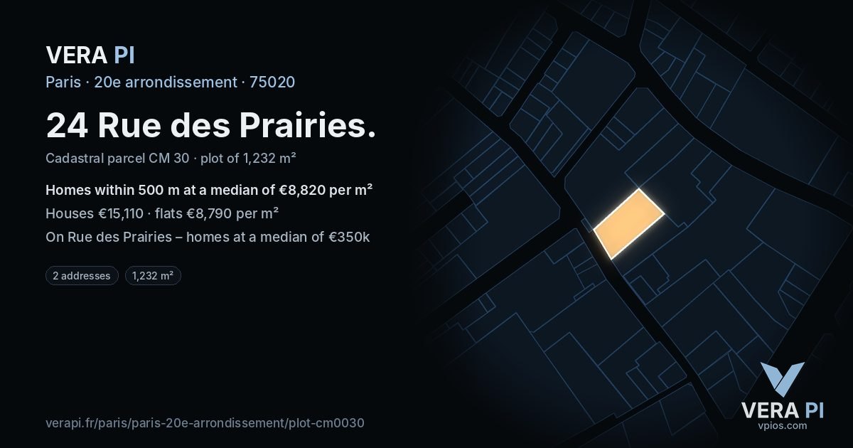 24 Rue des Prairies, 20e arrondissement at night – the plot lit, the parcels around coloured by the prices near them