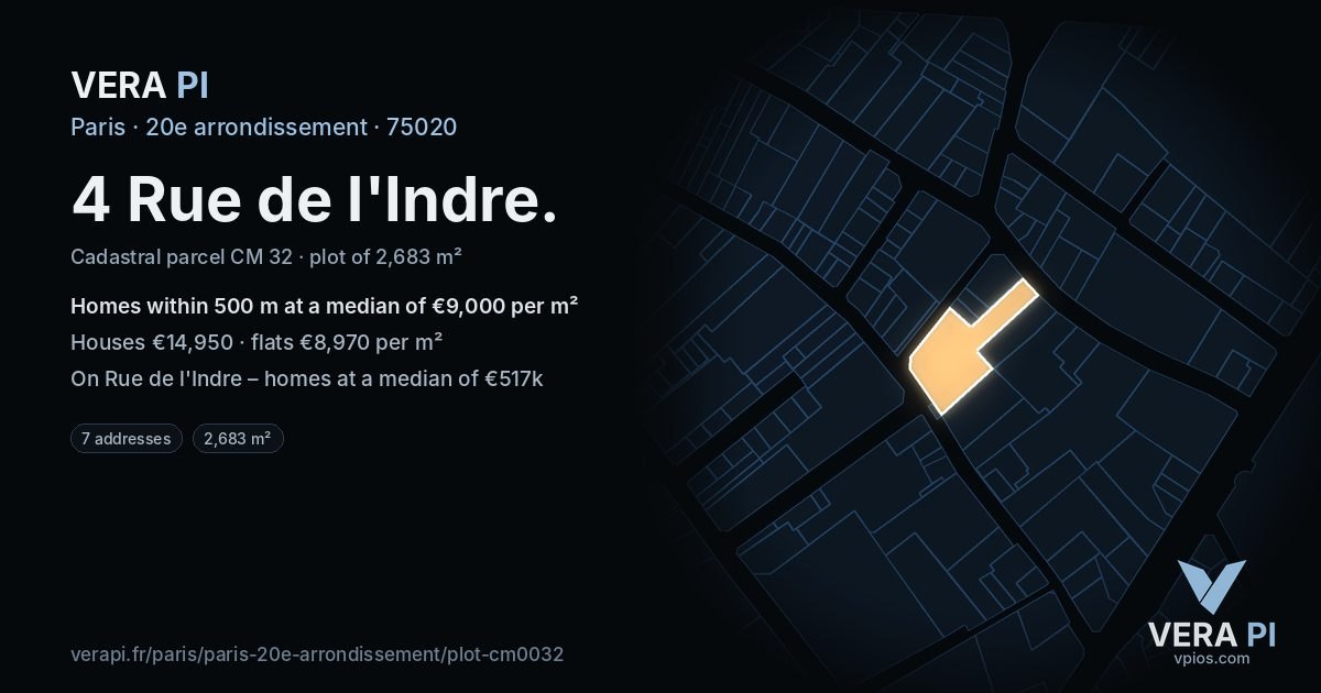 4 Rue de l'Indre, 20e arrondissement at night – the plot lit, the parcels around coloured by the prices near them