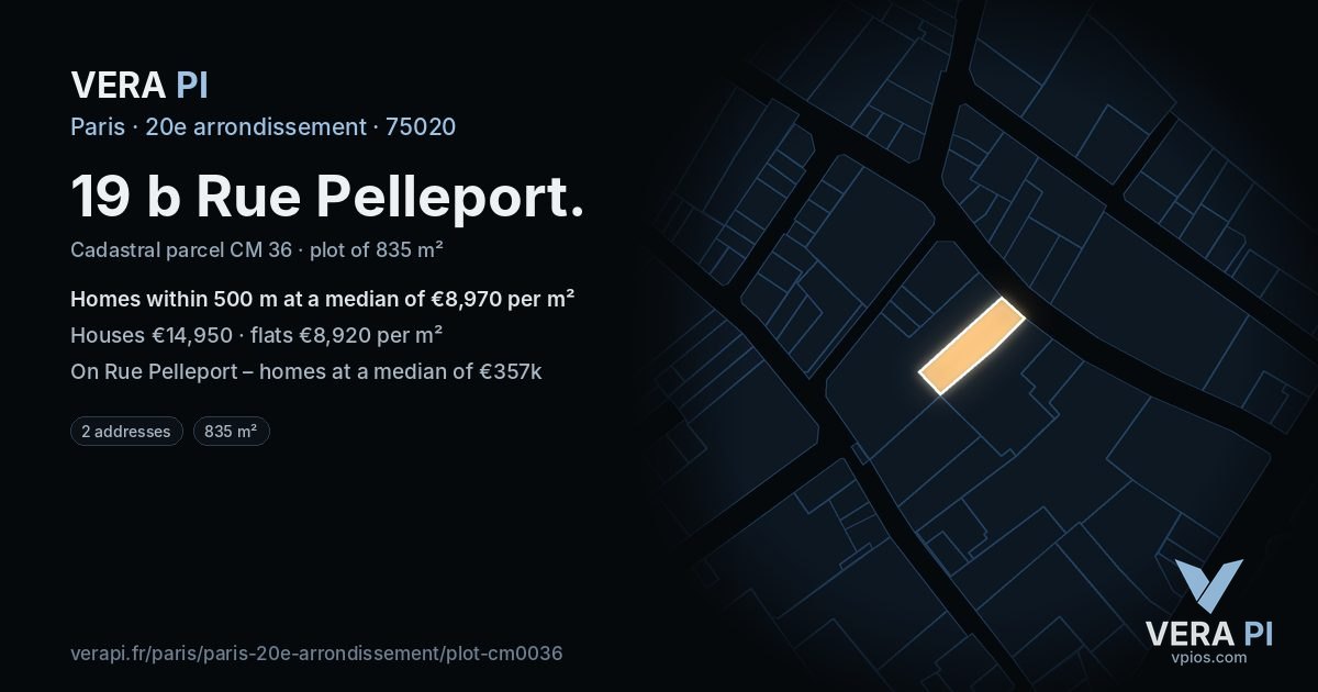 19 b Rue Pelleport, 20e arrondissement at night – the plot lit, the parcels around coloured by the prices near them