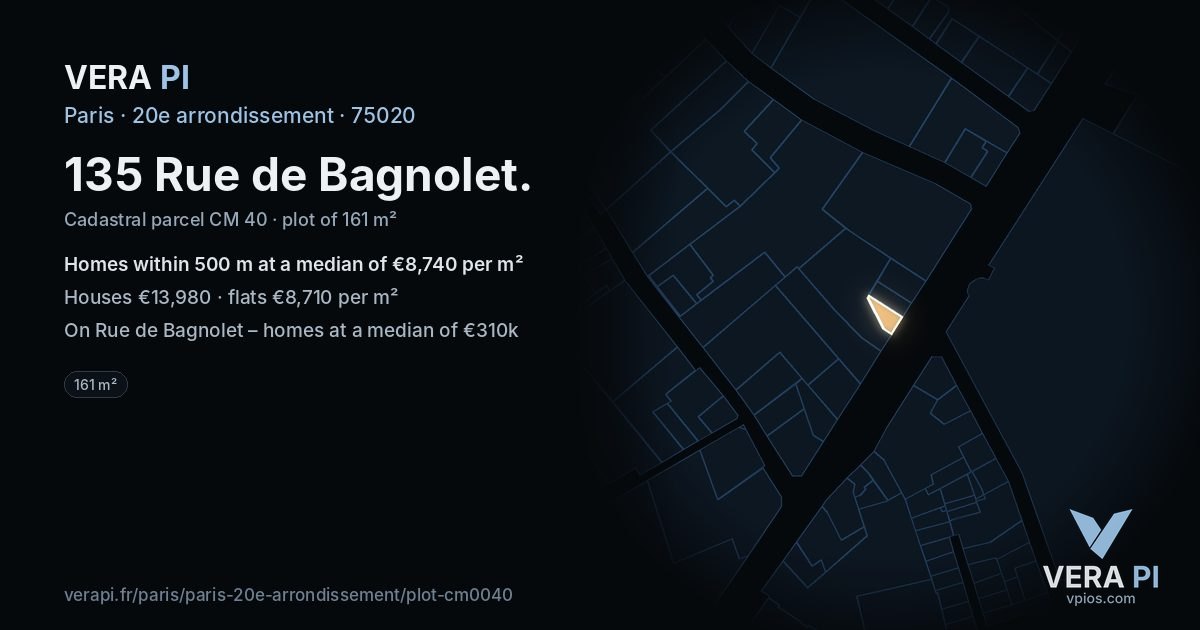 135 Rue de Bagnolet, 20e arrondissement at night – the plot lit, the parcels around coloured by the prices near them