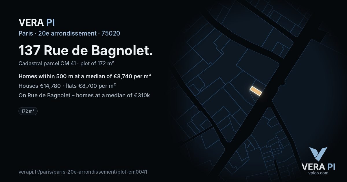 137 Rue de Bagnolet, 20e arrondissement at night – the plot lit, the parcels around coloured by the prices near them