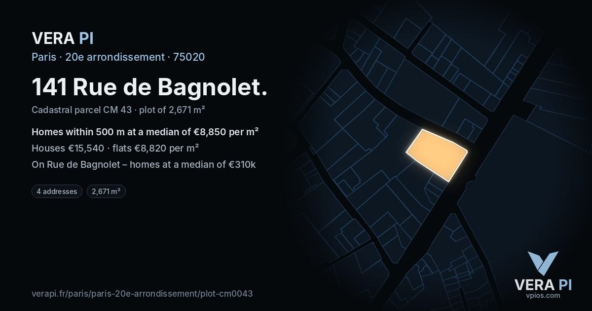 141 Rue de Bagnolet, 20e arrondissement at night – the plot lit, the parcels around coloured by the prices near them