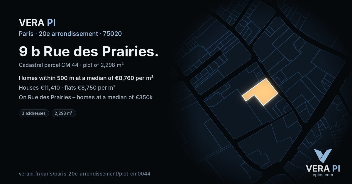 9 b Rue des Prairies, 20e arrondissement at night – the plot lit, the parcels around coloured by the prices near them