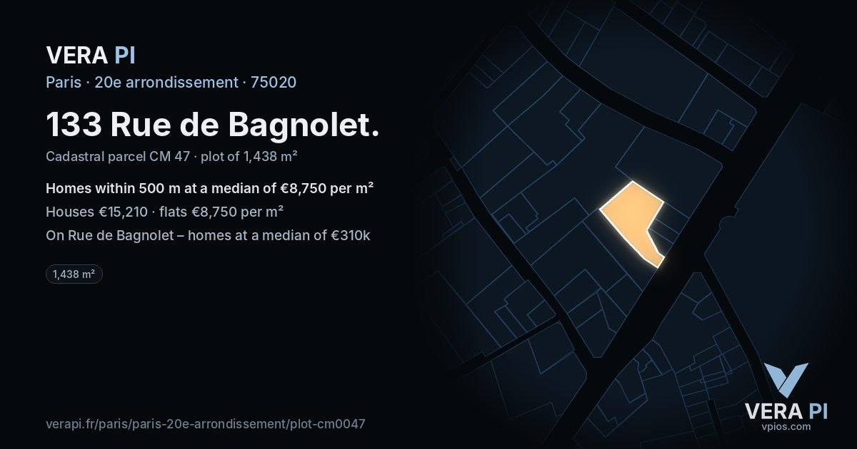 133 Rue de Bagnolet, 20e arrondissement at night – the plot lit, the parcels around coloured by the prices near them