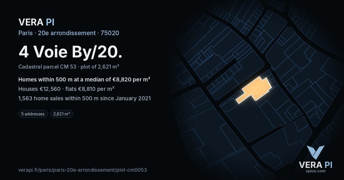 4 Voie By/20, 20e arrondissement at night – the plot lit, the parcels around coloured by the prices near them