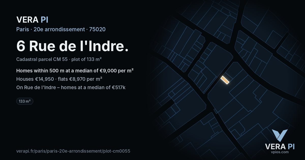 6 Rue de l'Indre, 20e arrondissement at night – the plot lit, the parcels around coloured by the prices near them