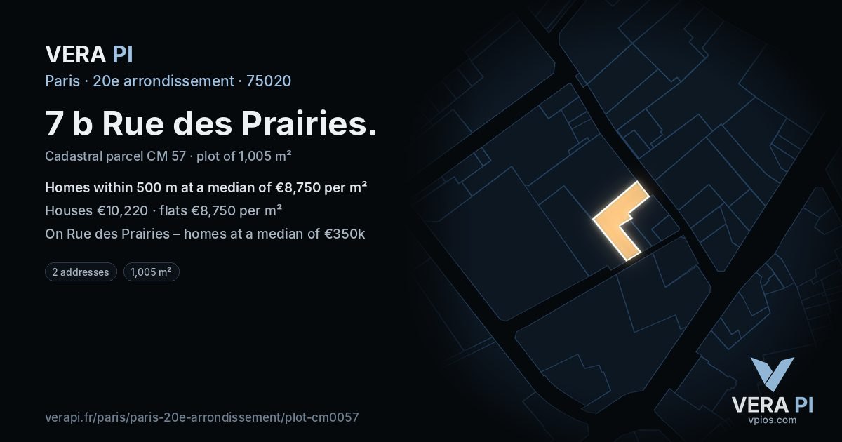 7 b Rue des Prairies, 20e arrondissement at night – the plot lit, the parcels around coloured by the prices near them
