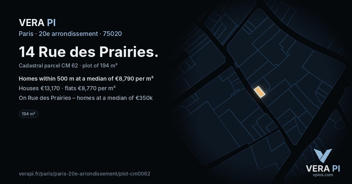 14 Rue des Prairies, 20e arrondissement at night – the plot lit, the parcels around coloured by the prices near them