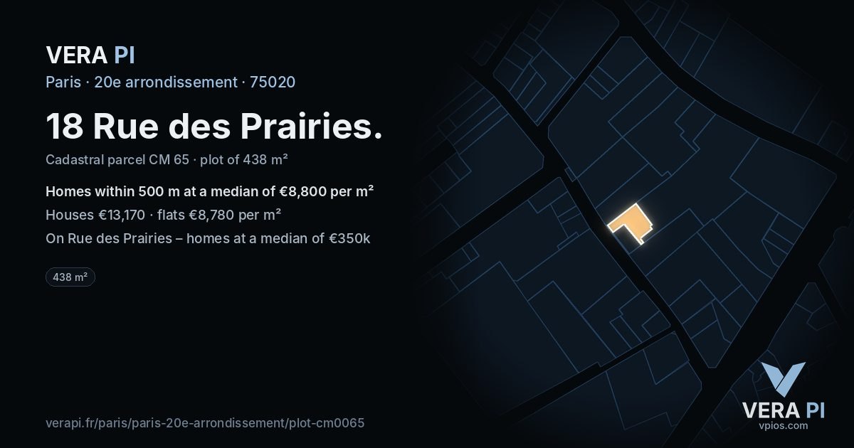 18 Rue des Prairies, 20e arrondissement at night – the plot lit, the parcels around coloured by the prices near them