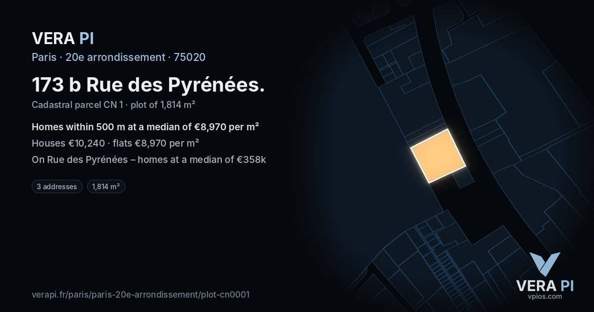 173 b Rue des Pyrénées, 20e arrondissement at night – the plot lit, the parcels around coloured by the prices near them