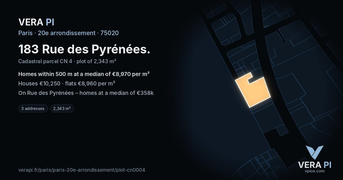 183 Rue des Pyrénées, 20e arrondissement at night – the plot lit, the parcels around coloured by the prices near them