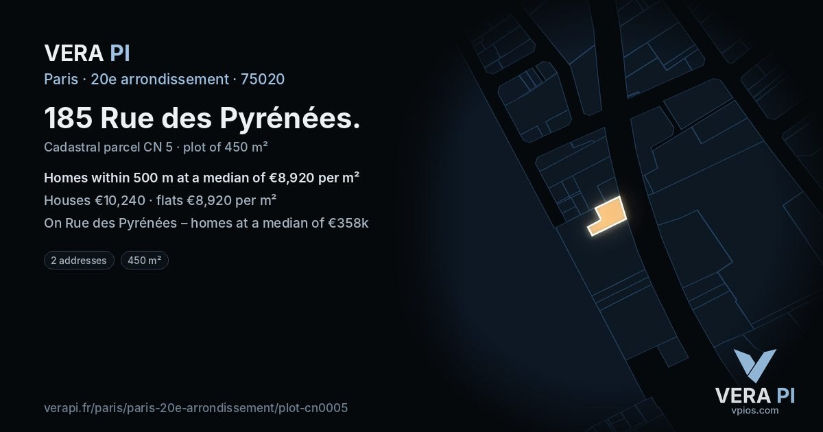 185 Rue des Pyrénées, 20e arrondissement at night – the plot lit, the parcels around coloured by the prices near them