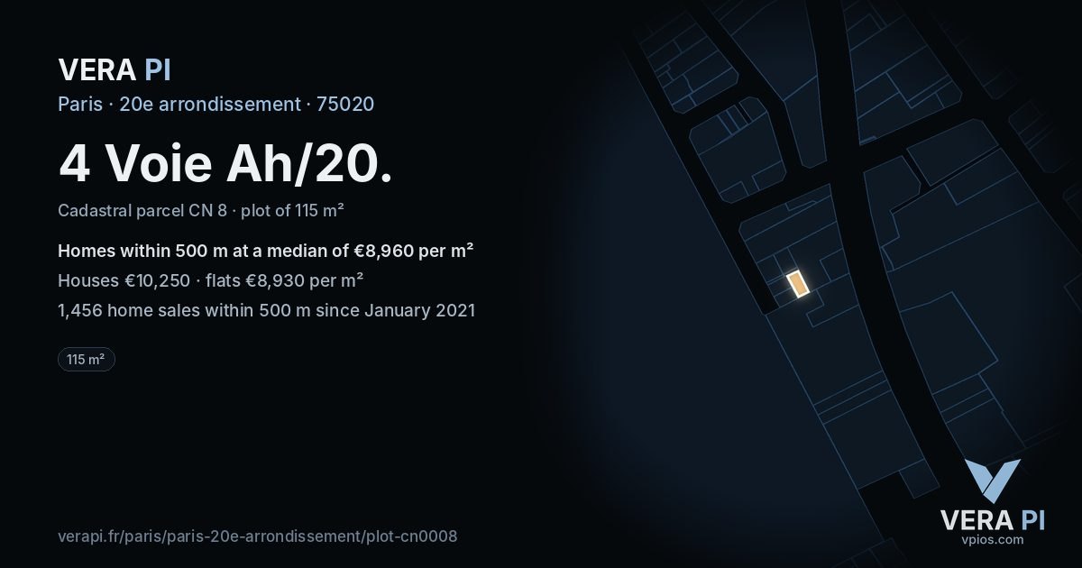 4 Voie Ah/20, 20e arrondissement at night – the plot lit, the parcels around coloured by the prices near them