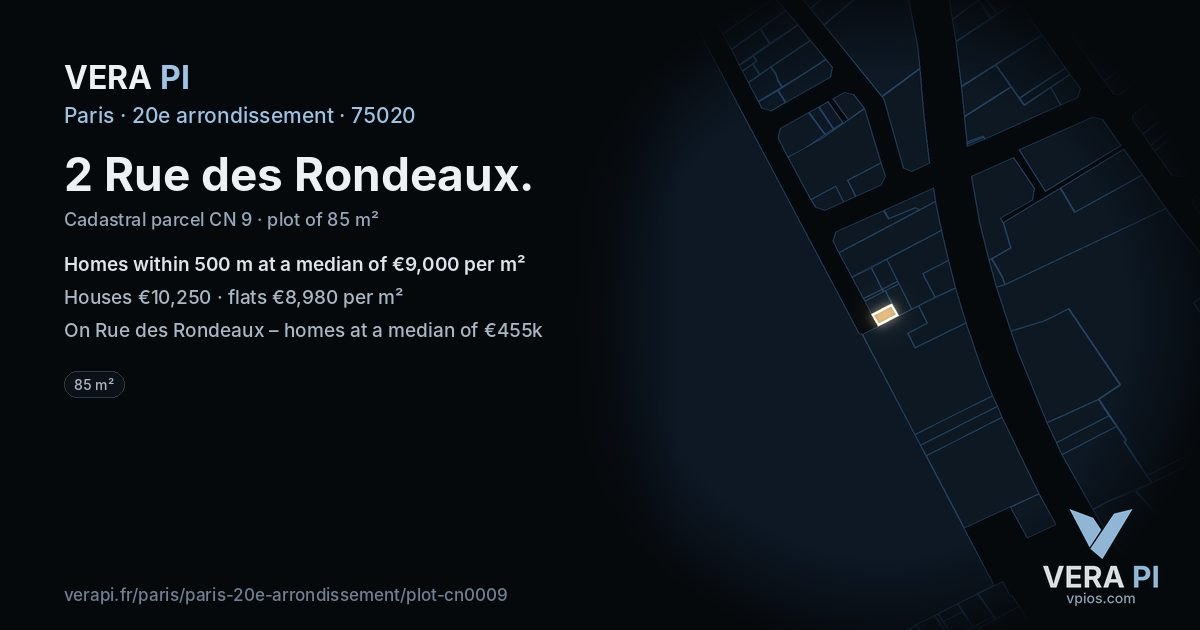 2 Rue des Rondeaux, 20e arrondissement at night – the plot lit, the parcels around coloured by the prices near them