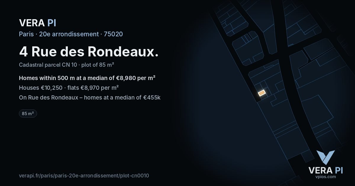 4 Rue des Rondeaux, 20e arrondissement at night – the plot lit, the parcels around coloured by the prices near them