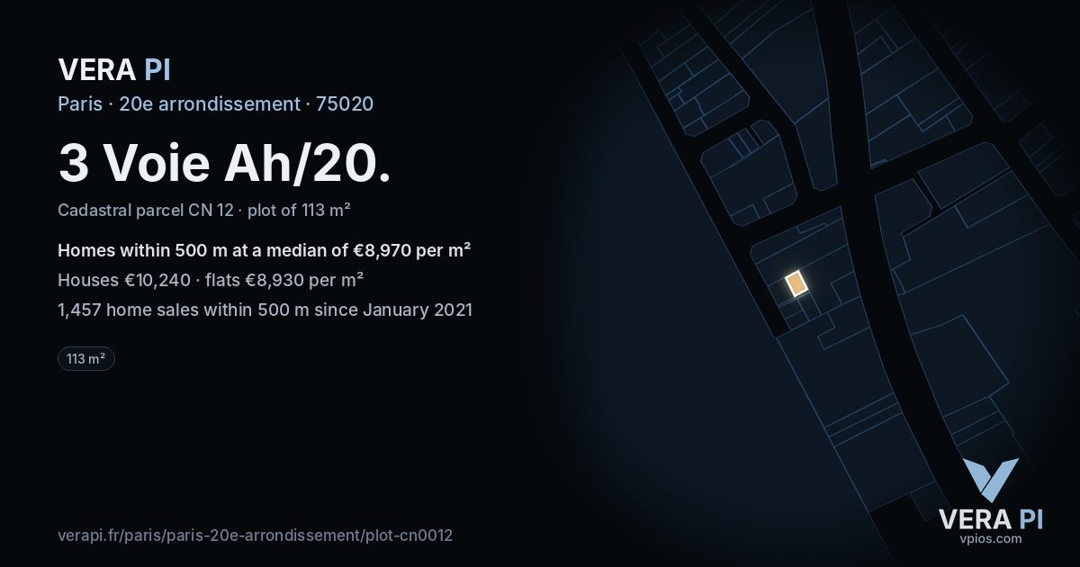 3 Voie Ah/20, 20e arrondissement at night – the plot lit, the parcels around coloured by the prices near them