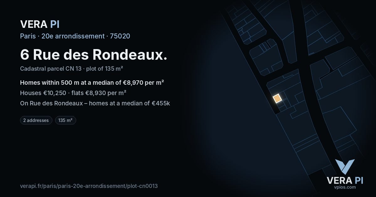 6 Rue des Rondeaux, 20e arrondissement at night – the plot lit, the parcels around coloured by the prices near them